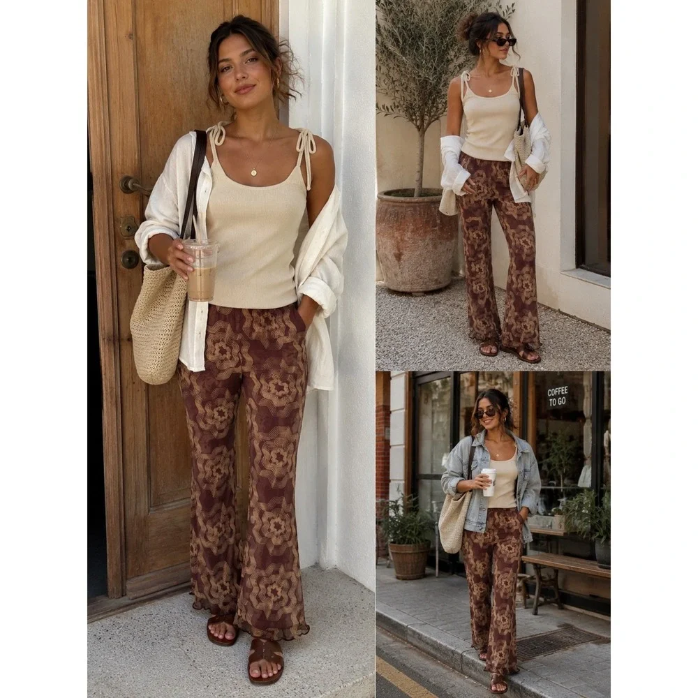 Ribbed Tie Strap Camisole and Mesh Flare Pants Set Brown Cream summer boho